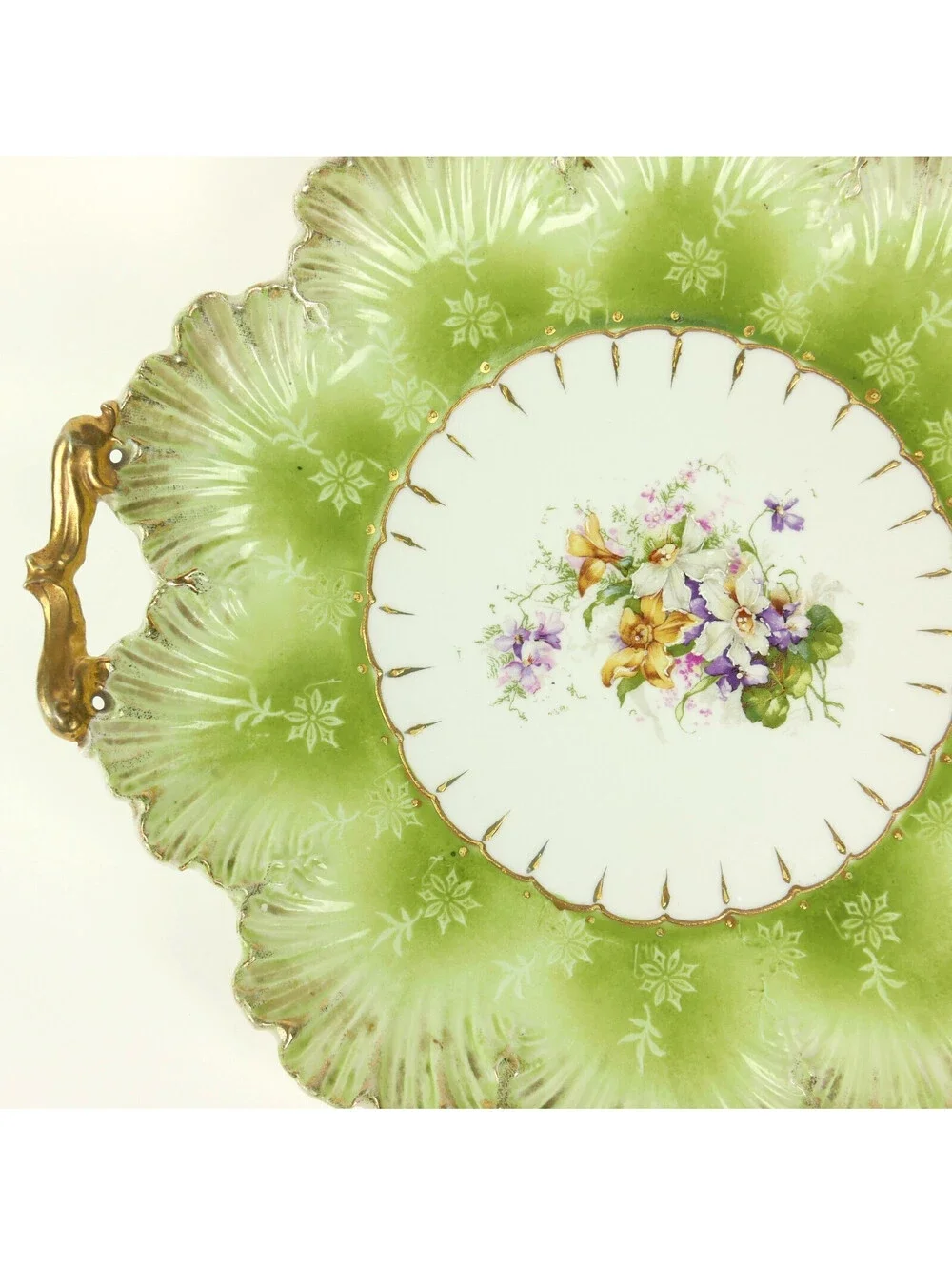 Antique German Porcelain Serving Platter Green Leaf Victorian Flower Gold Handle
